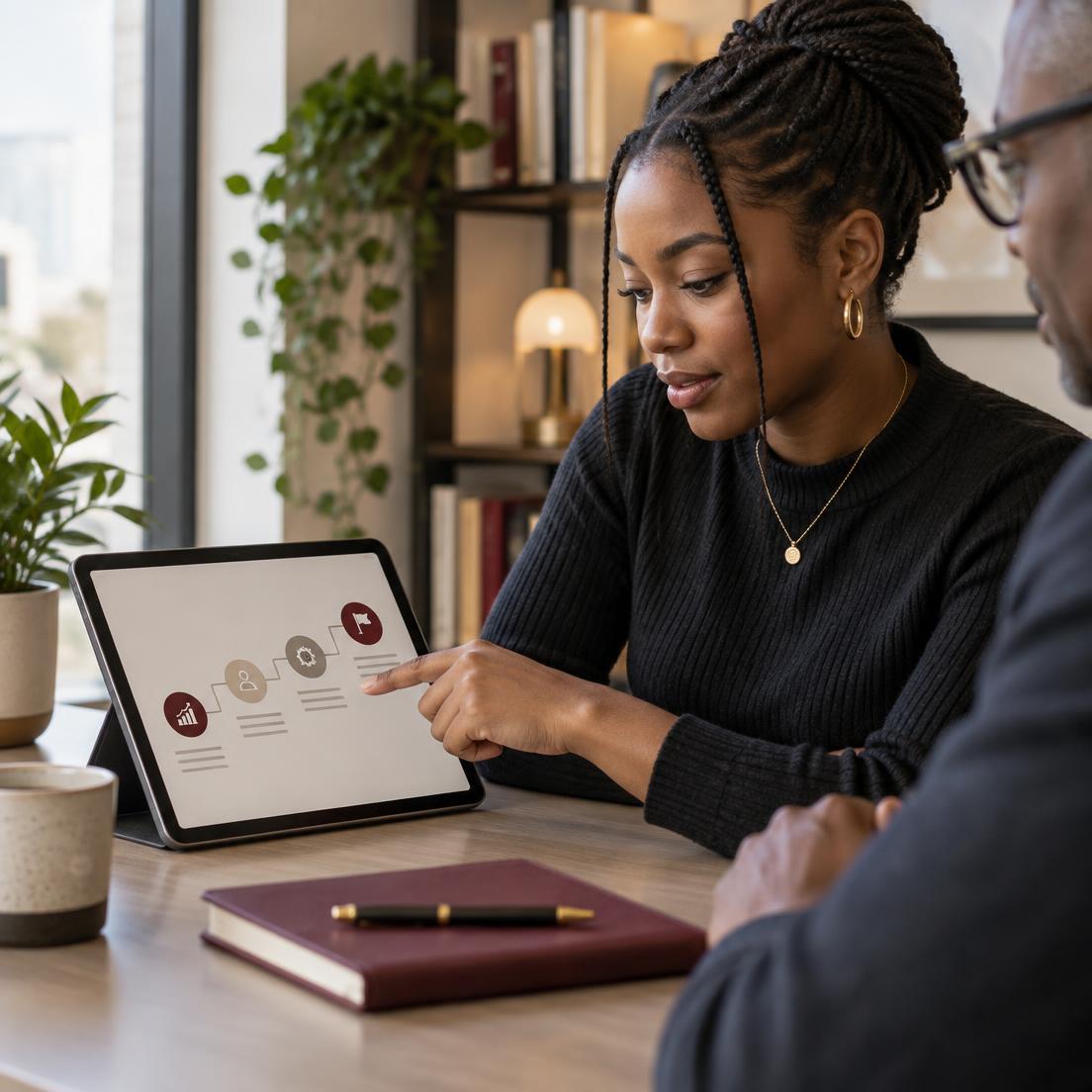 A professional reviewing a Career Roadmap with a mentor