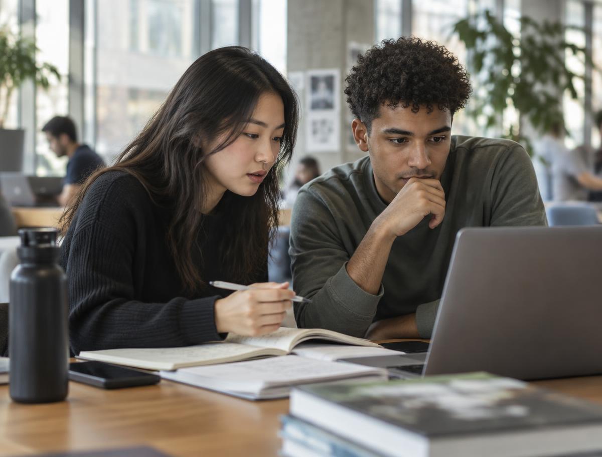 Two students exploring career possibilities on a laptop